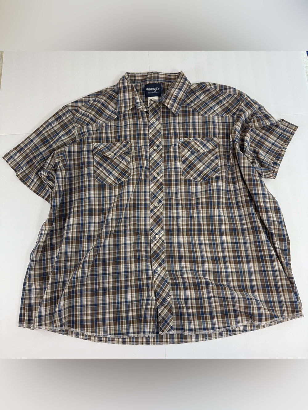 Wrangler Western Shirts Brown, Blue & Cream Plaid Short Sleeve Pearl Snap Shirt